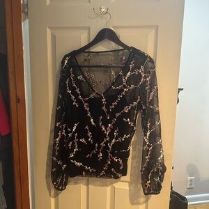 White House Black Market Black Sheer Embroidered Floral V-Neck Women's Top